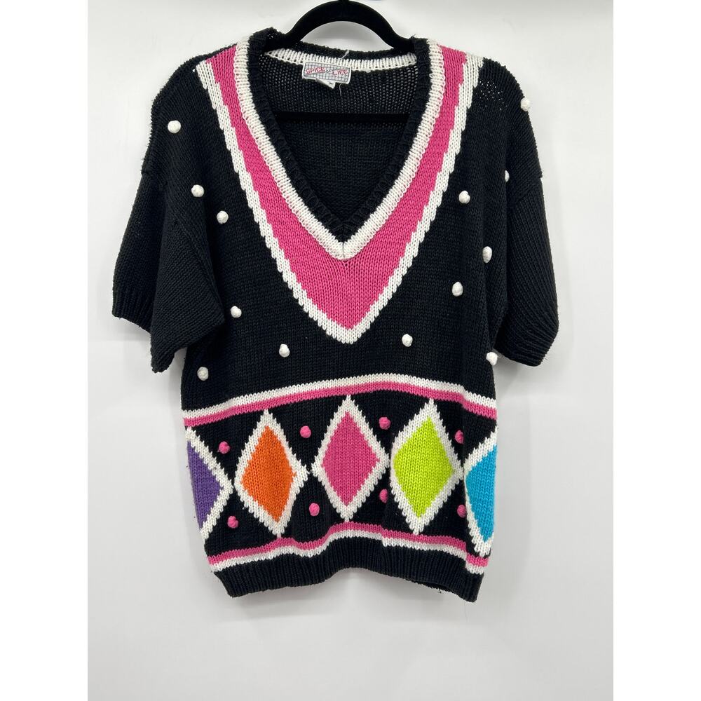 Spice of Life Women’s Short Sleeve 80s 90s Quirky Whimsy Sweater Size M Dopamine